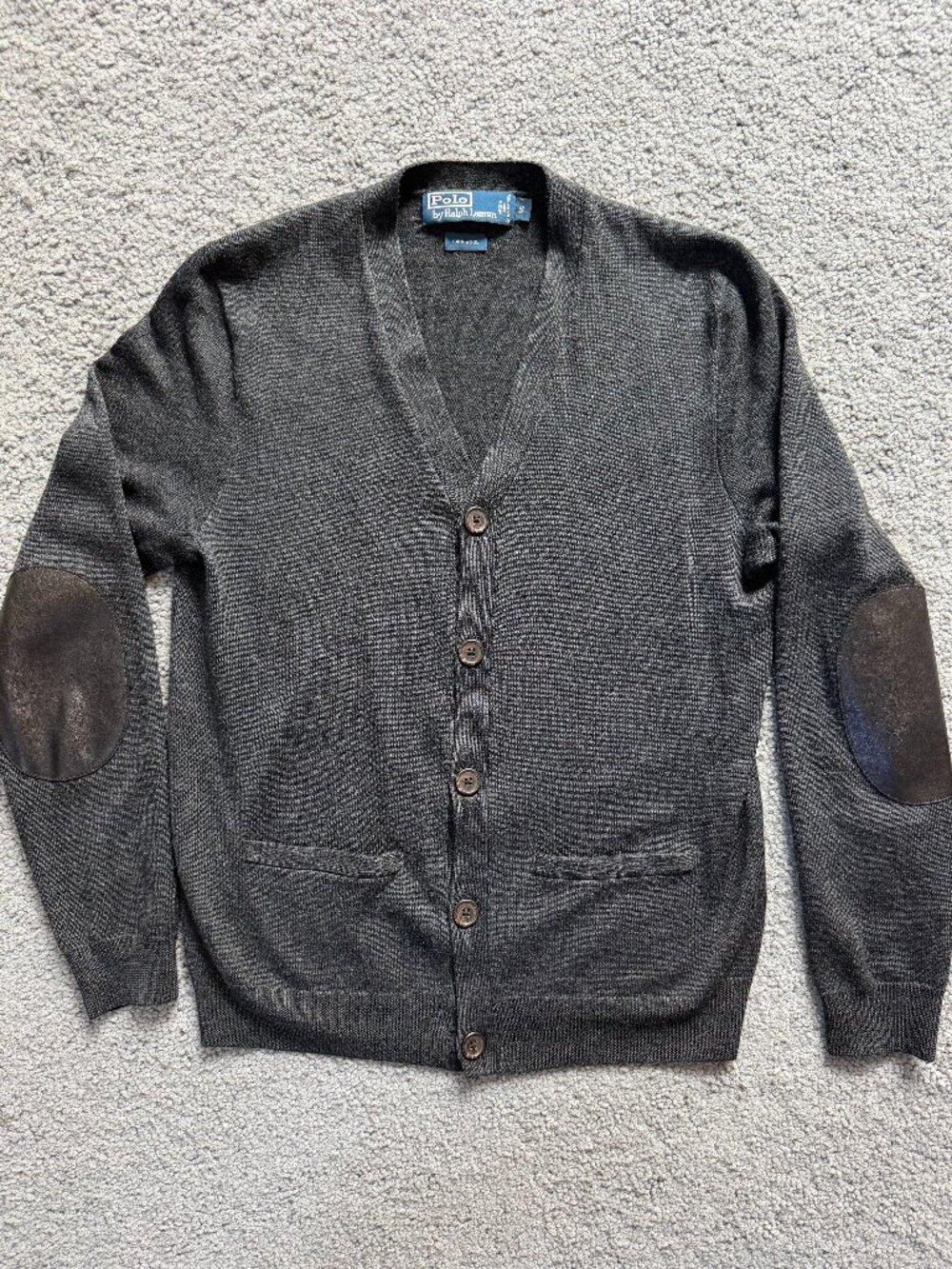 Polo Ralph Lauren Gray 100% Wool Button Cardigan Sweater w/ Elbow Patches Size S